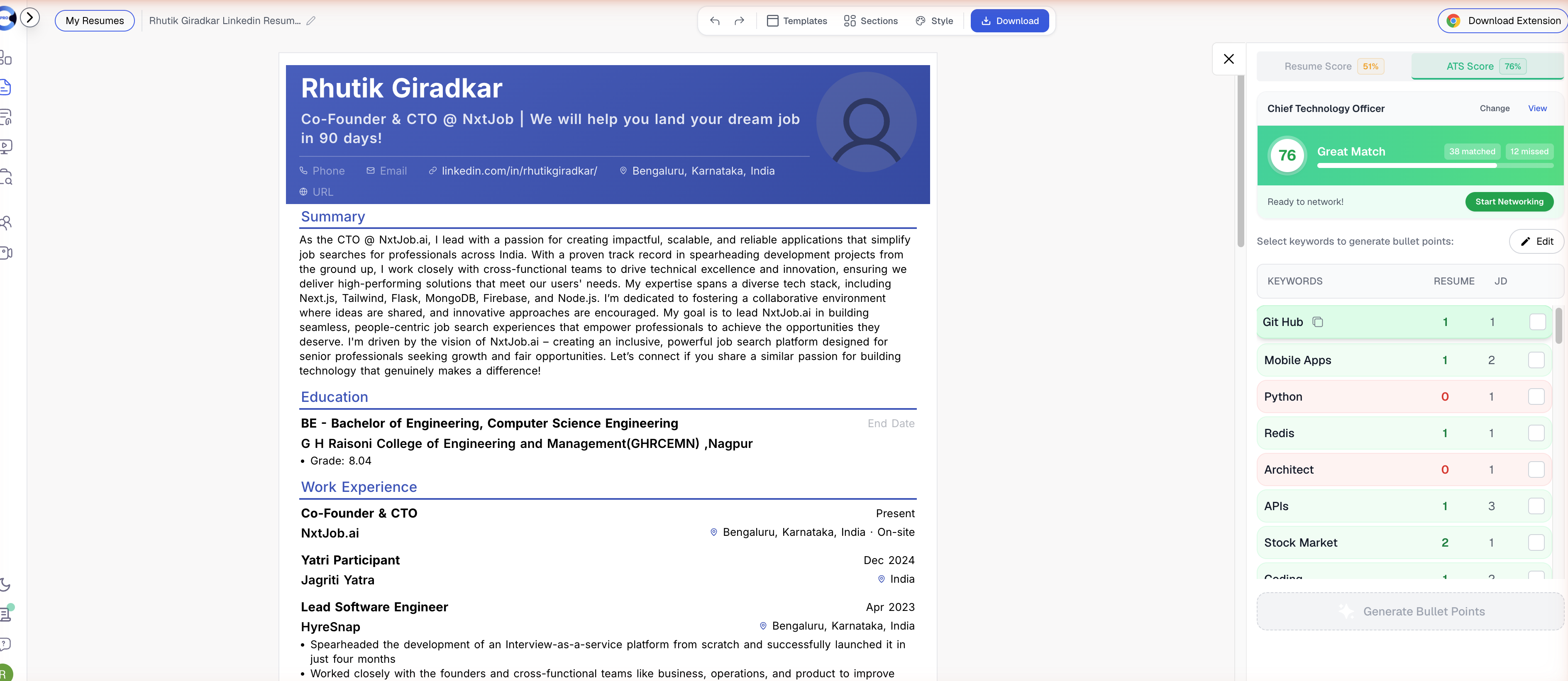 ATS Score panel showing 76% Great Match after One Click ATS Optimization with 38 matched and 12 missed keywords