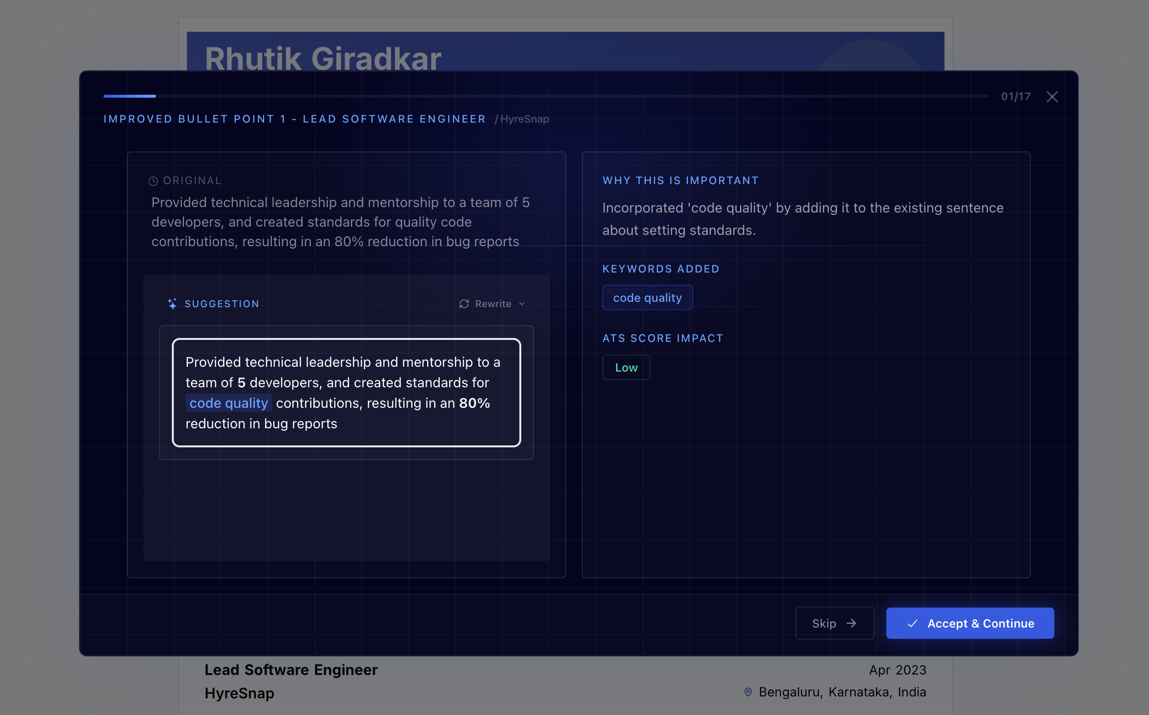 One Click ATS wizard showing an improved bullet point with original text, AI suggestion with highlighted keyword, explanation, and Accept/Skip buttons