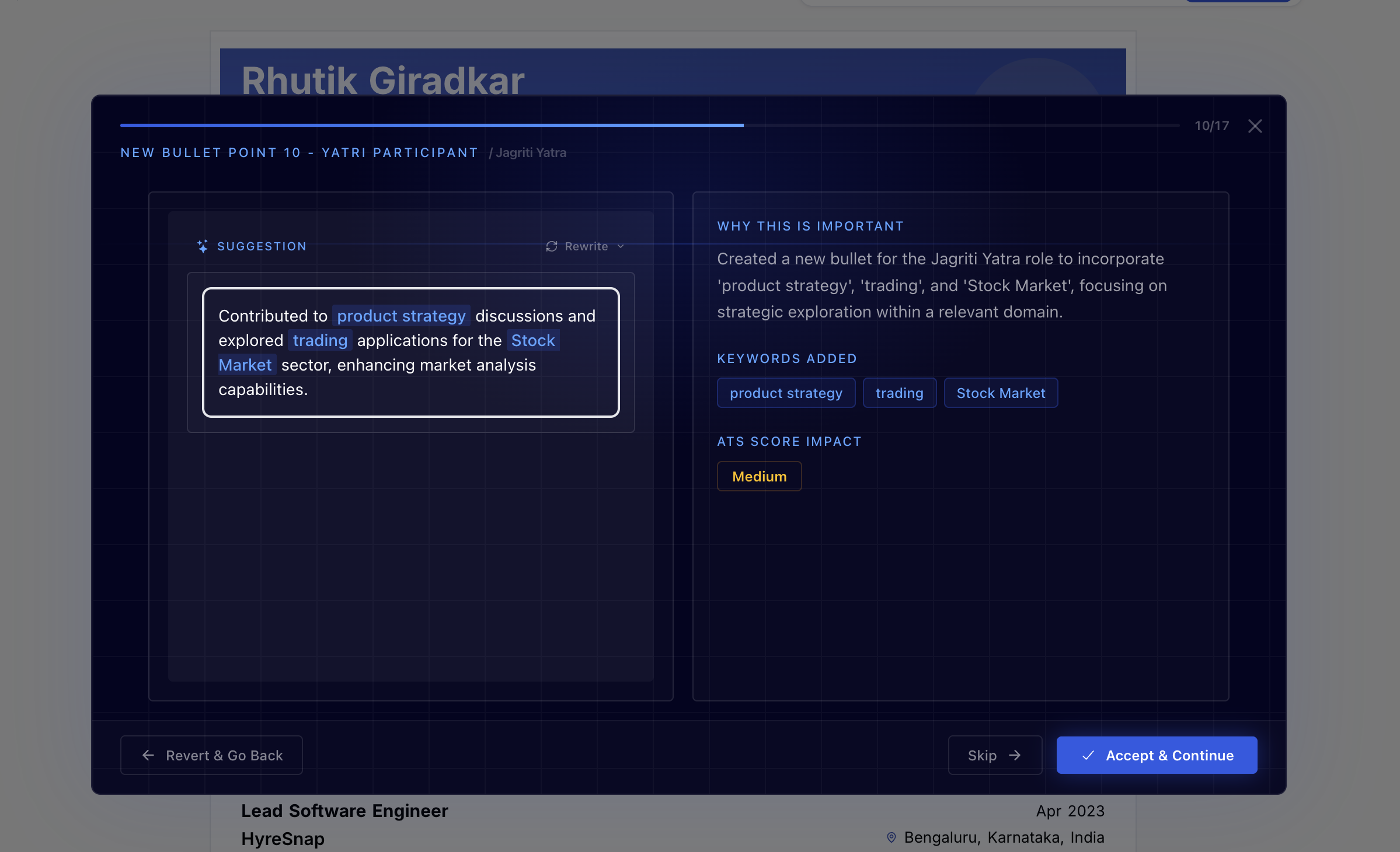 New bullet point step showing AI-generated bullet with multiple highlighted keywords (product strategy, trading, Stock Market) and Medium ATS Score Impact