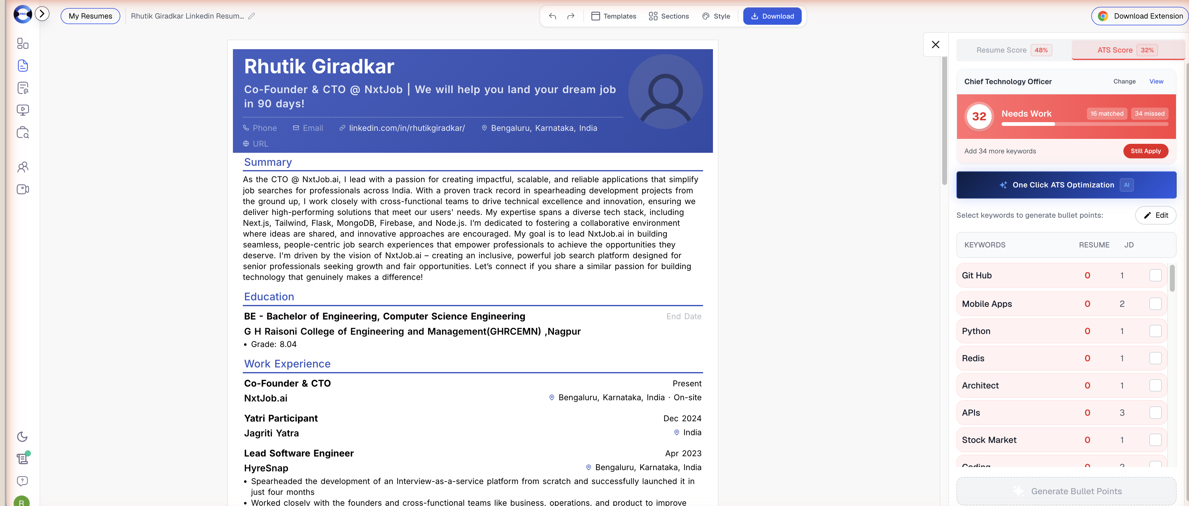 One Click ATS Optimization button in the ATS Score panel with keyword table showing missed keywords