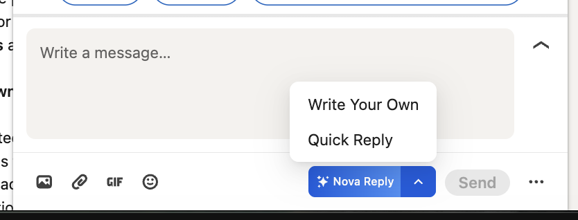 LinkedIn message composer showing the blue Nova Reply button with a dropdown menu offering Write Your Own and Quick Reply options