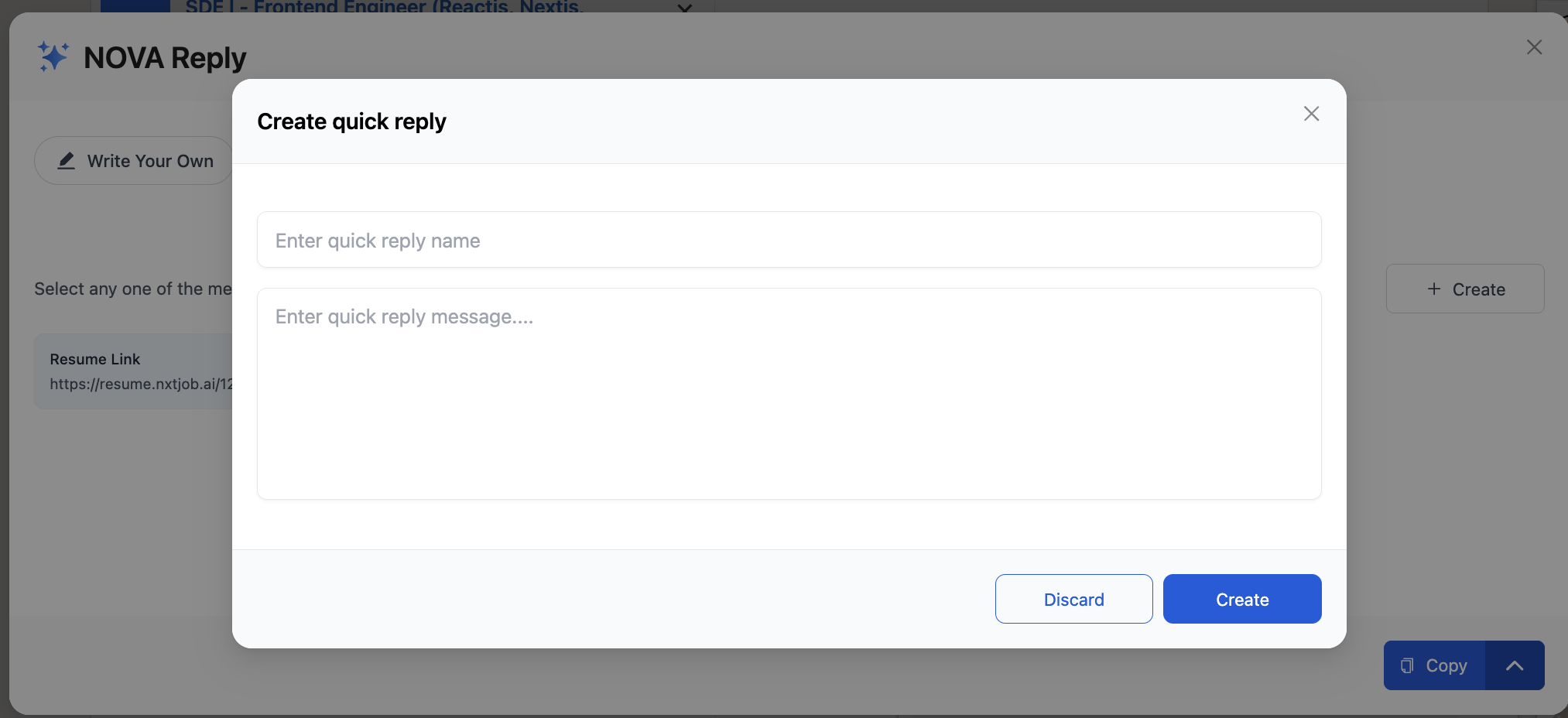 Create quick reply dialog with fields for template name and message content, plus Discard and Create buttons