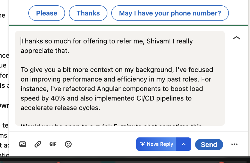 LinkedIn messaging interface with an AI-generated message inserted into the compose field, showing the Nova Reply button and Send button