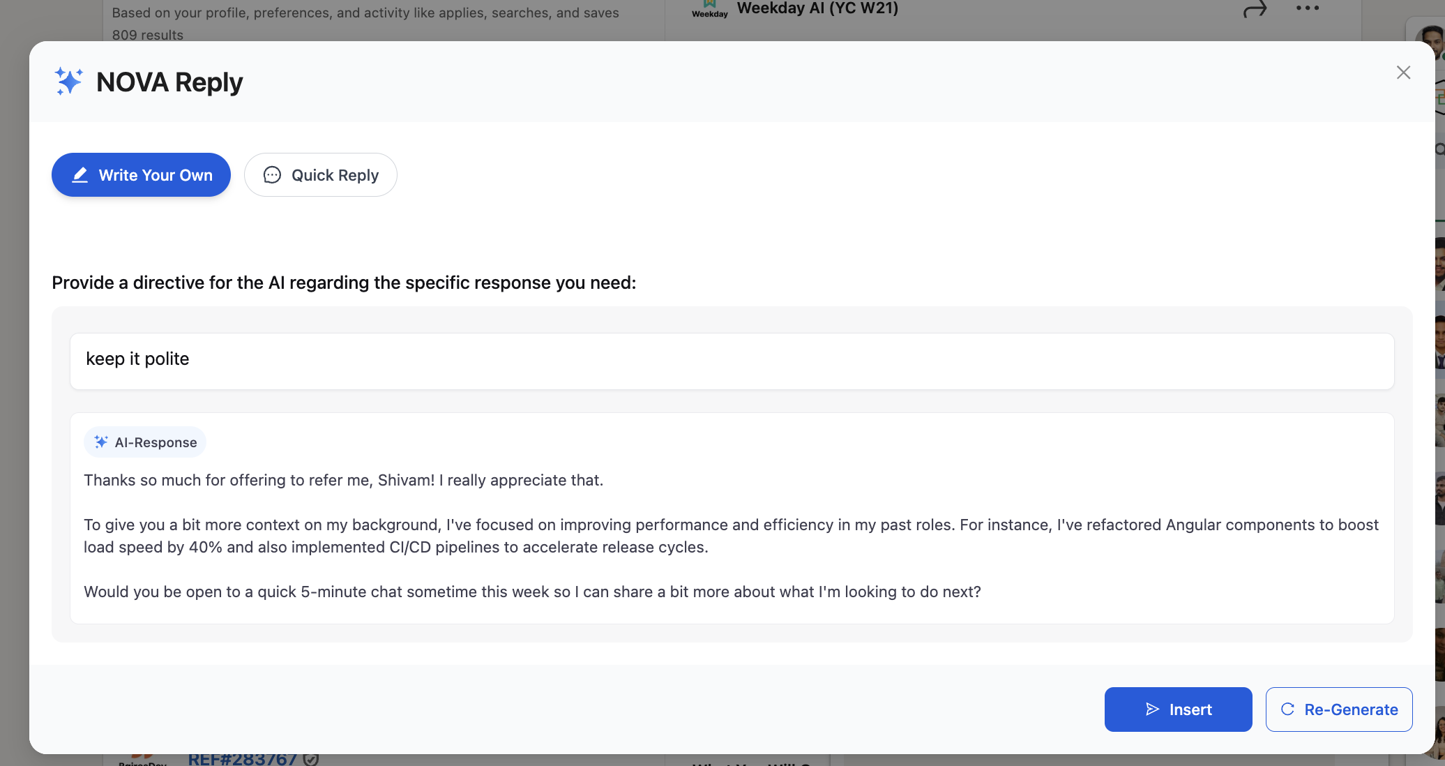 NOVA Reply panel showing a generated AI response with Insert and Re-Generate buttons at the bottom