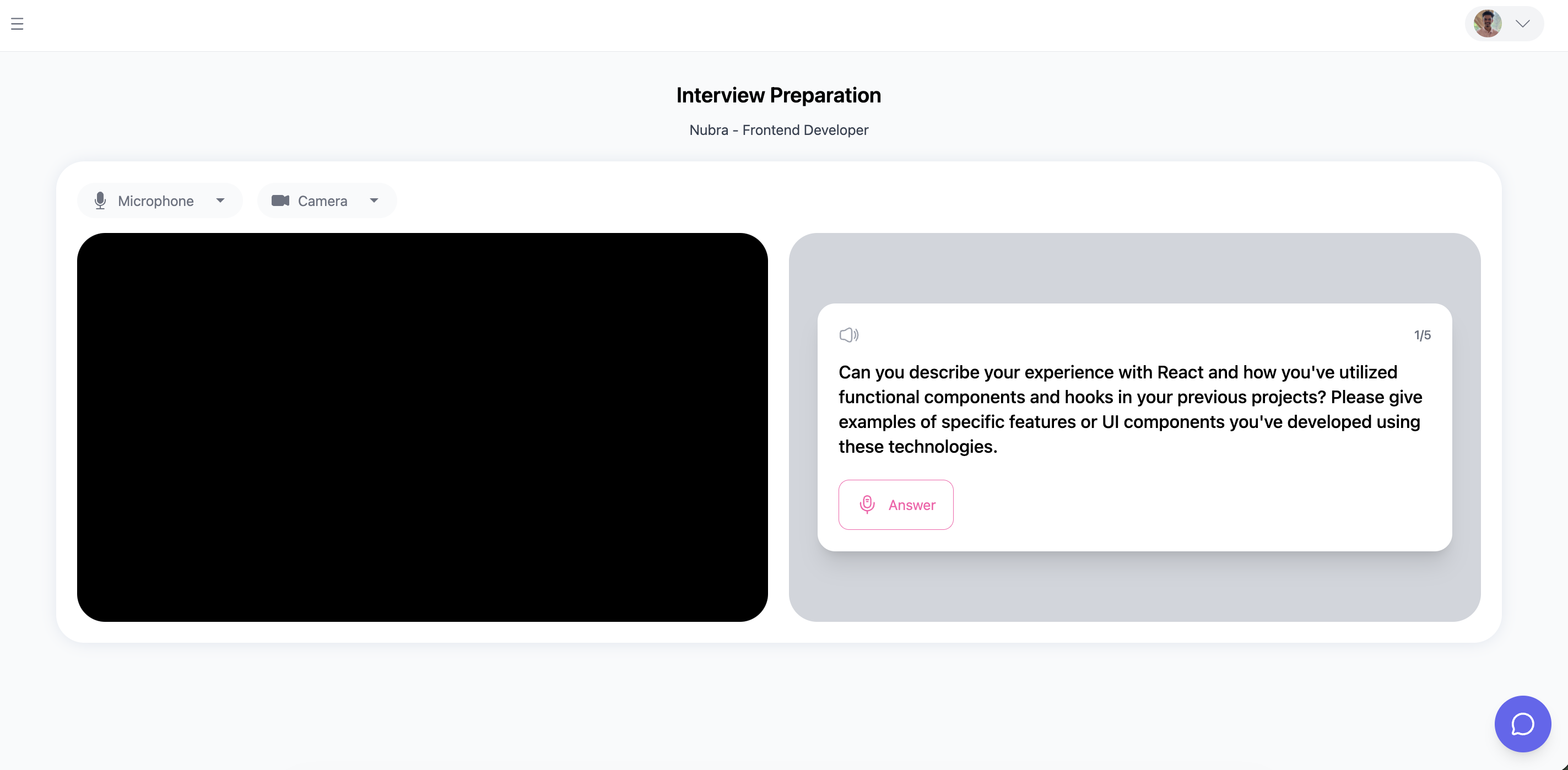 Interview session showing camera feed on left and question card on right