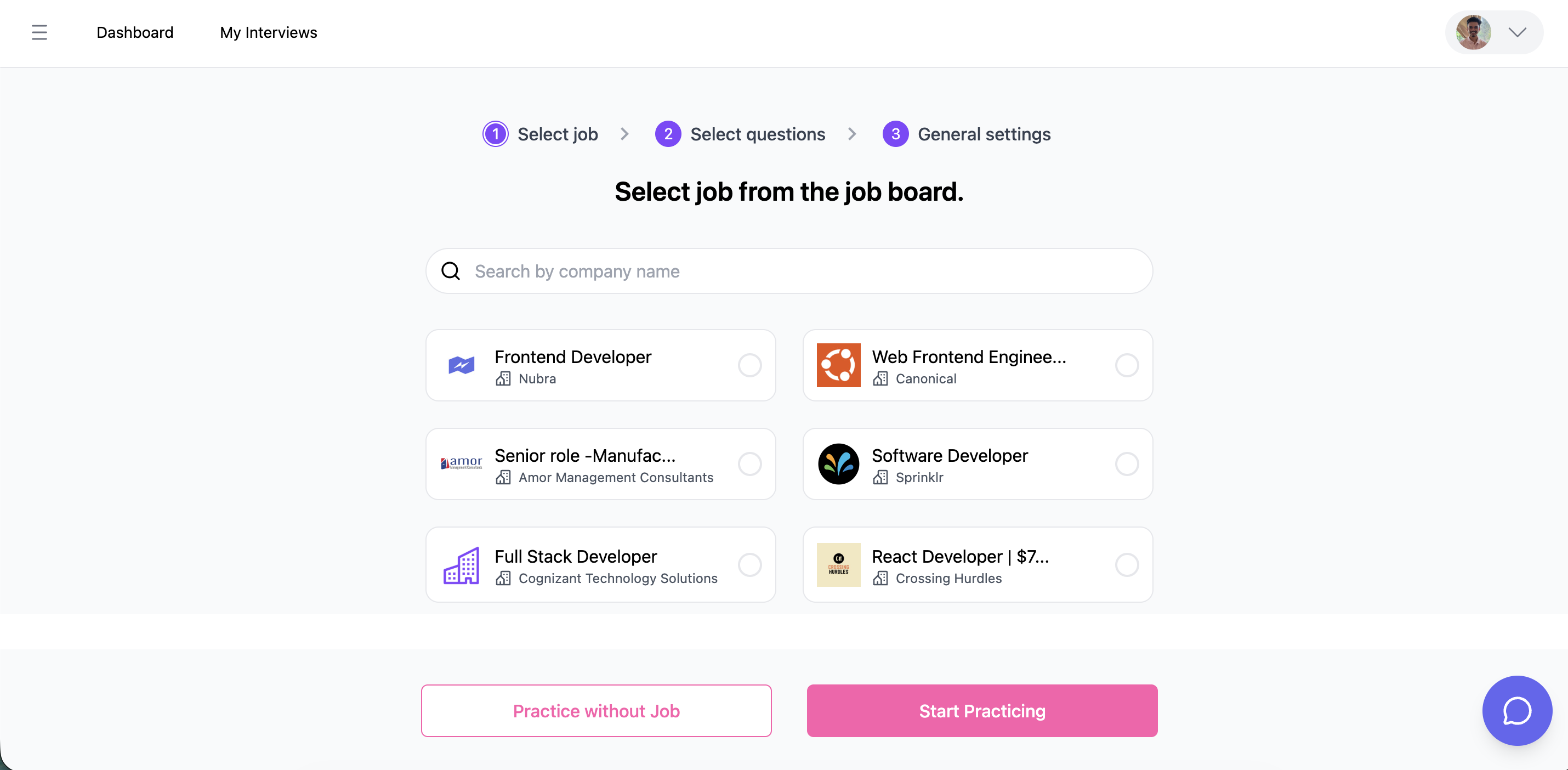 Select job step showing job cards from the job board with search and Practice without Job option