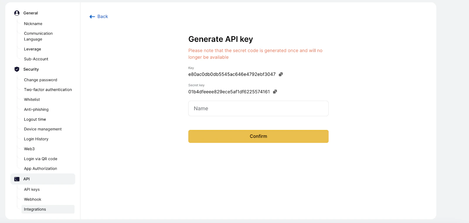 Generated API Key and Secret