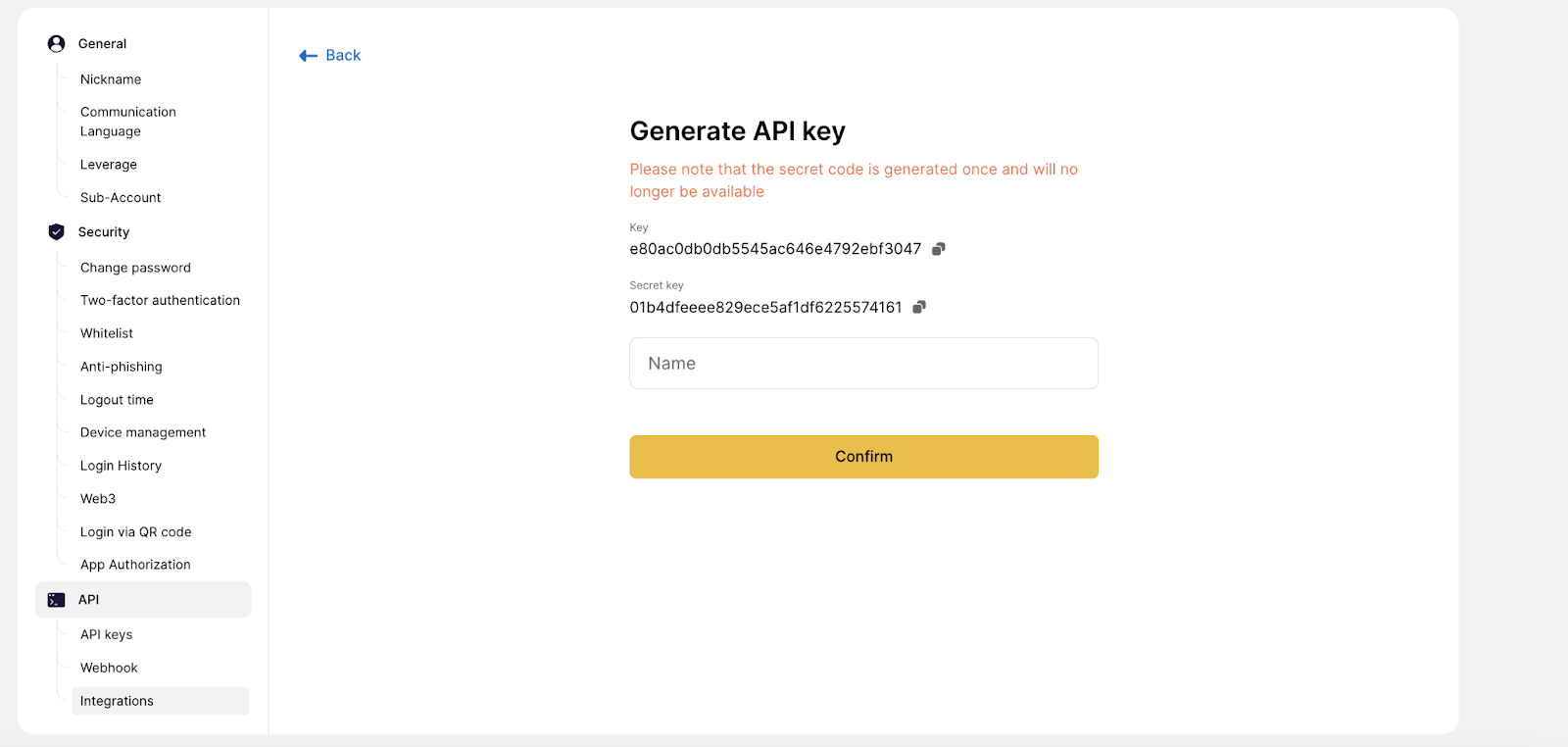 Generated API Key and Secret