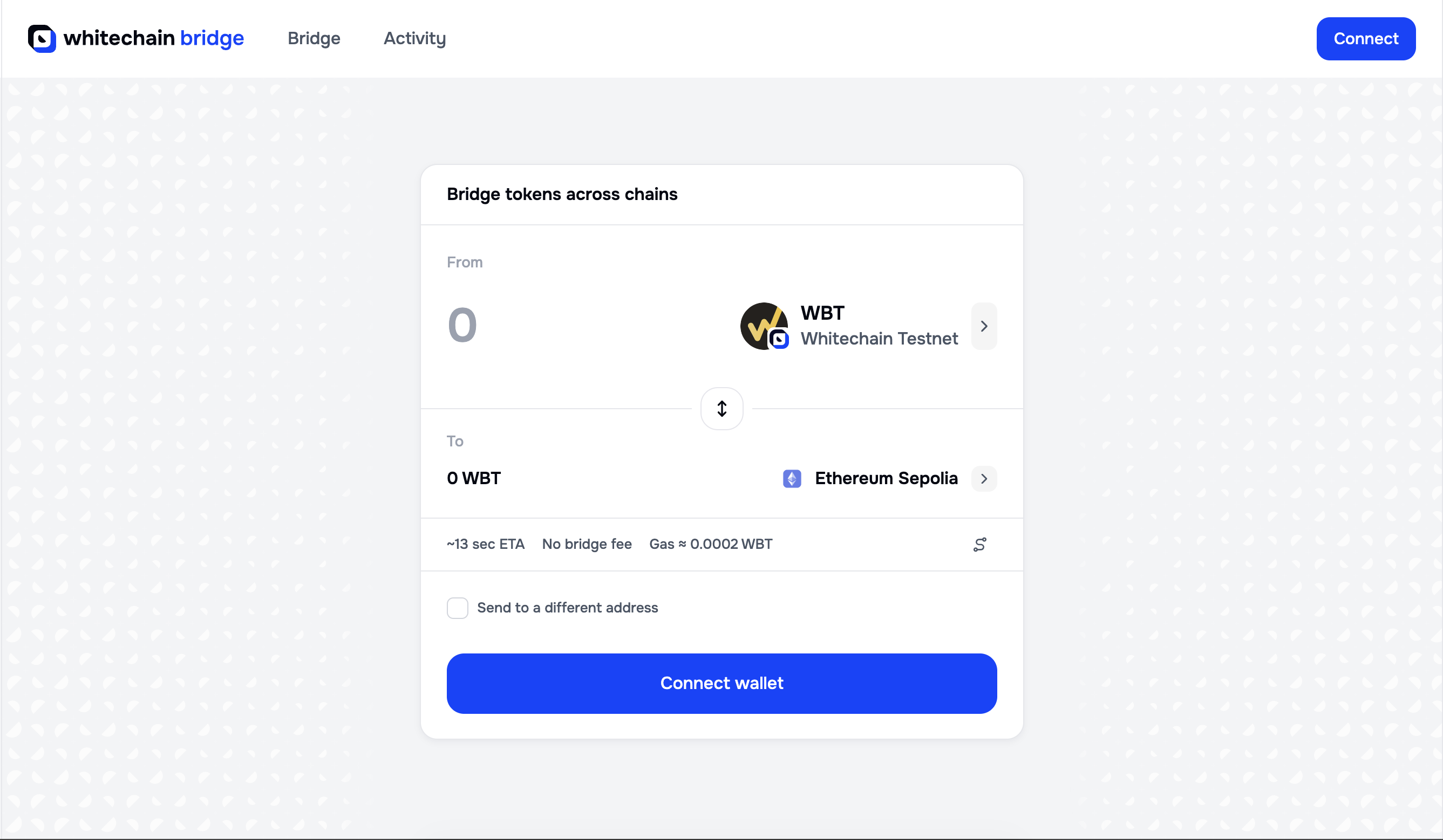 Portal bridge form with From set to WBT on Whitechain Testnet, To set to Ethereum Sepolia, an estimate line showing ETA, bridge fee and gas, a Send to a different address checkbox, and a Connect wallet button