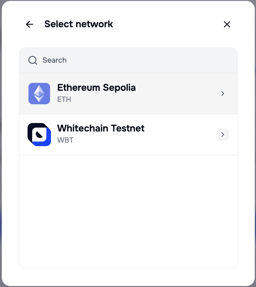 Select network dialog with a back arrow and a search field, listing Ethereum Sepolia with the symbol ETH and Whitechain Testnet with the symbol WBT
