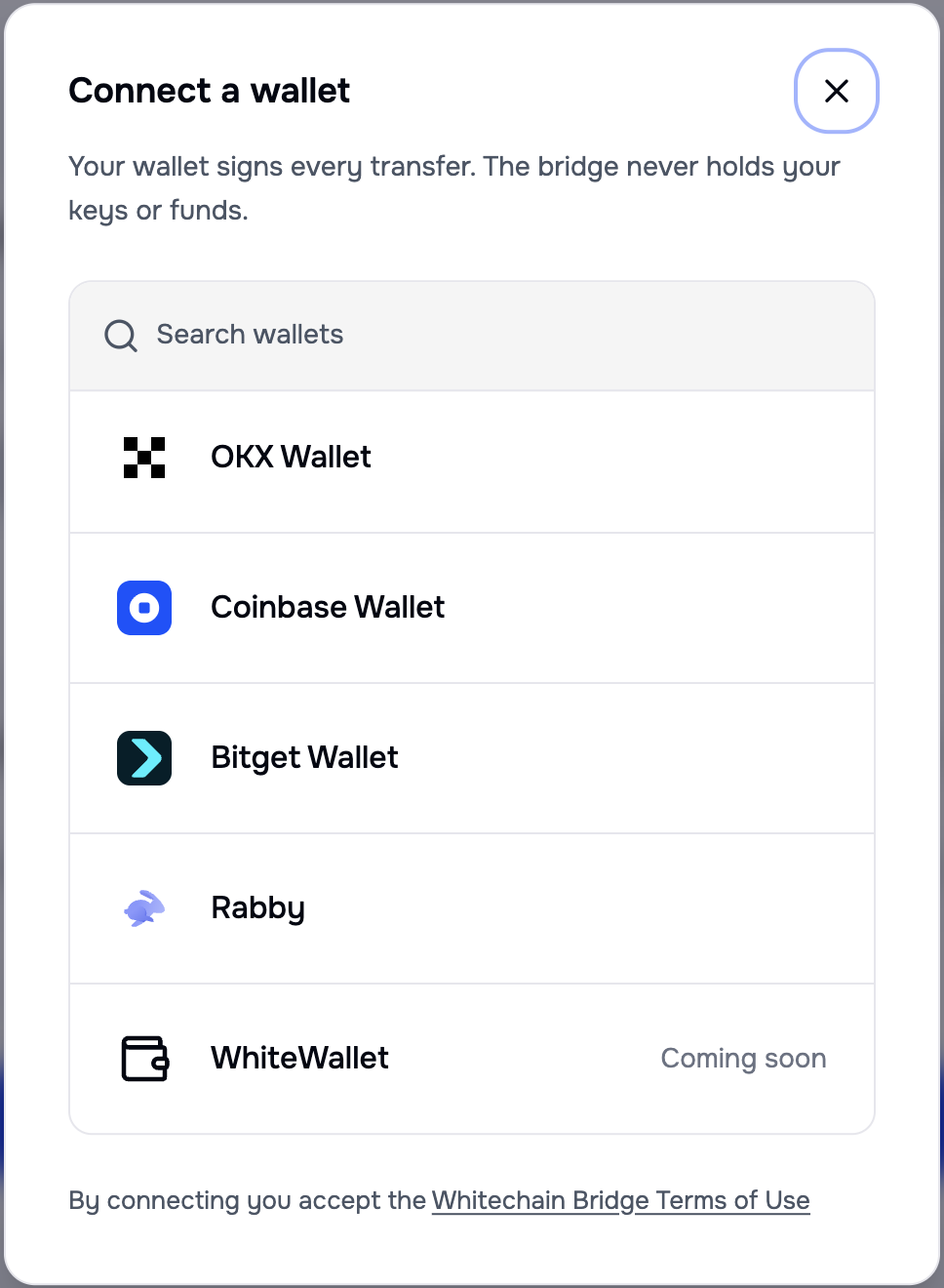 The scrolled connect dialog listing OKX Wallet, Coinbase Wallet, Bitget Wallet, Rabby, and WhiteWallet marked Coming soon