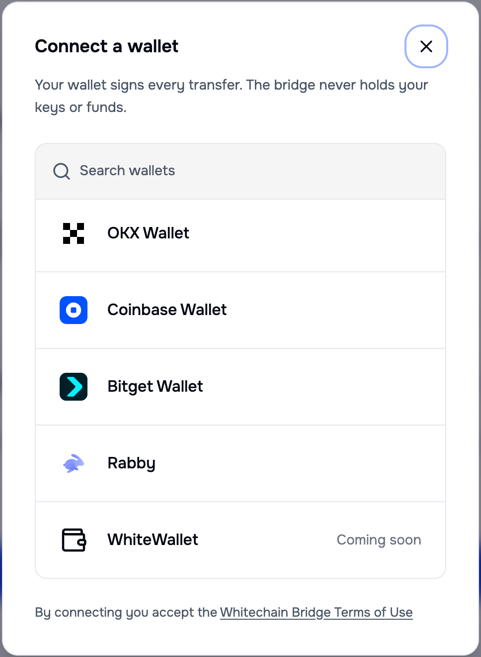 The scrolled connect dialog listing OKX Wallet, Coinbase Wallet, Bitget Wallet, Rabby, and WhiteWallet marked Coming soon