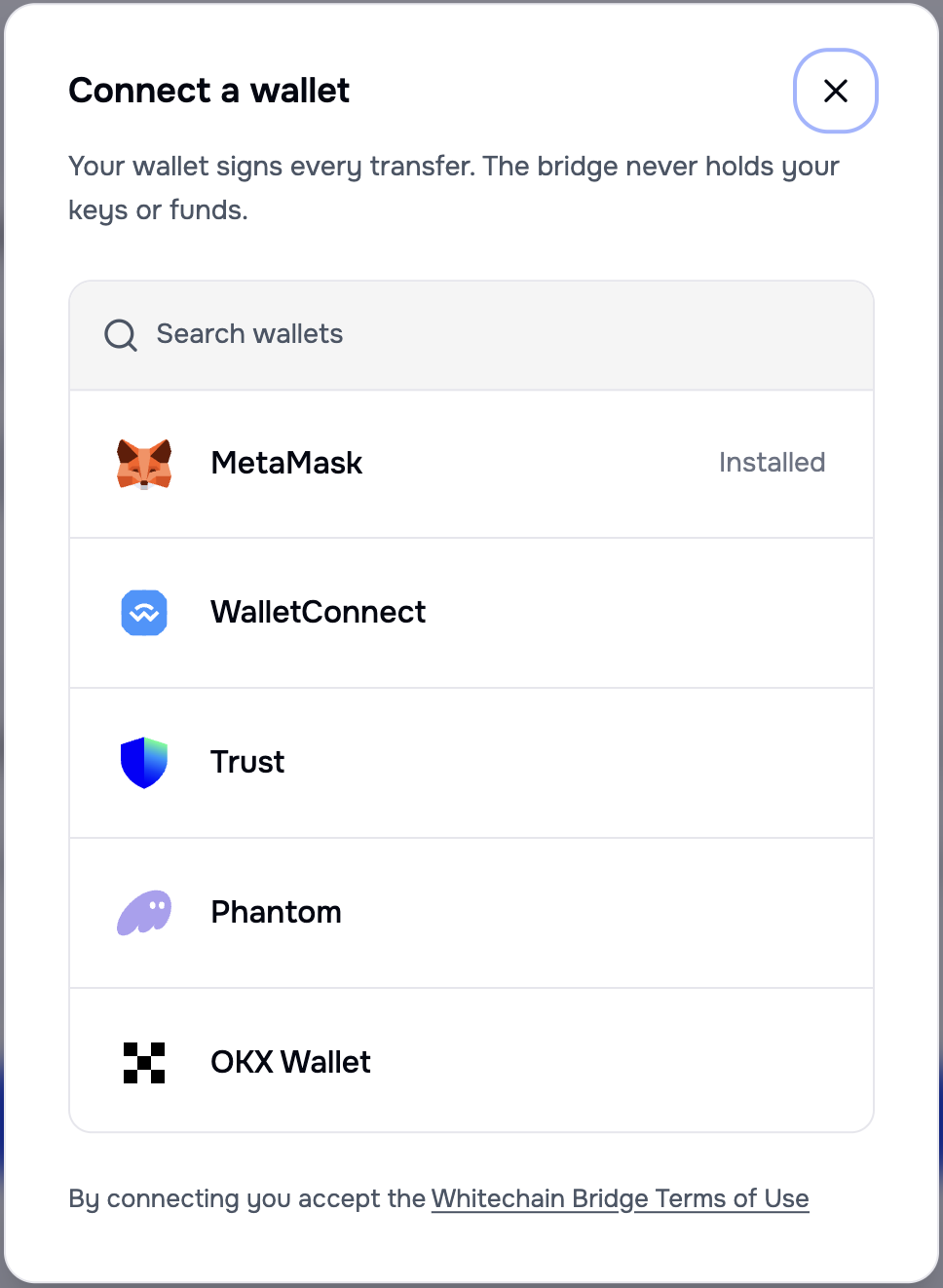 Connect a wallet dialog with a search field and entries for MetaMask marked Installed, WalletConnect, Trust, Phantom, and OKX Wallet, above a link to the Whitechain Bridge Terms of Use