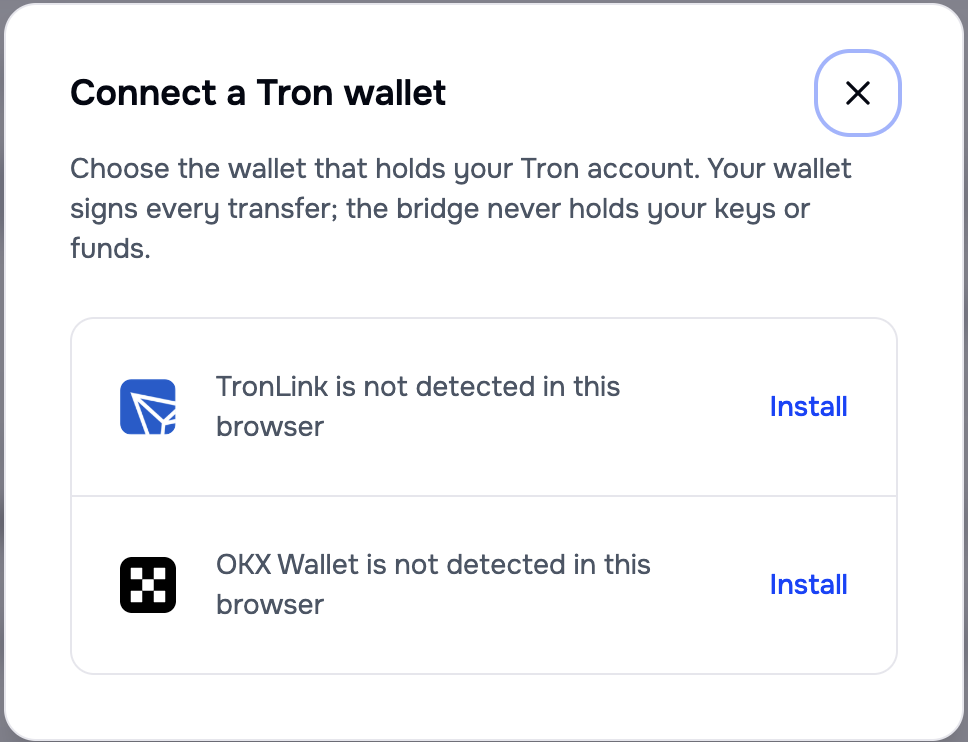 Connect a Tron wallet dialog showing TronLink is not detected in this browser and OKX Wallet is not detected in this browser, each with an Install link