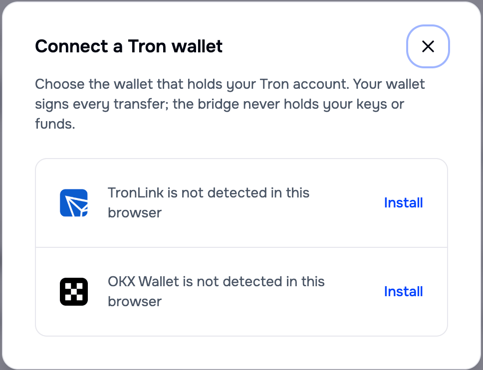 Connect a Tron wallet dialog showing TronLink is not detected in this browser and OKX Wallet is not detected in this browser, each with an Install link