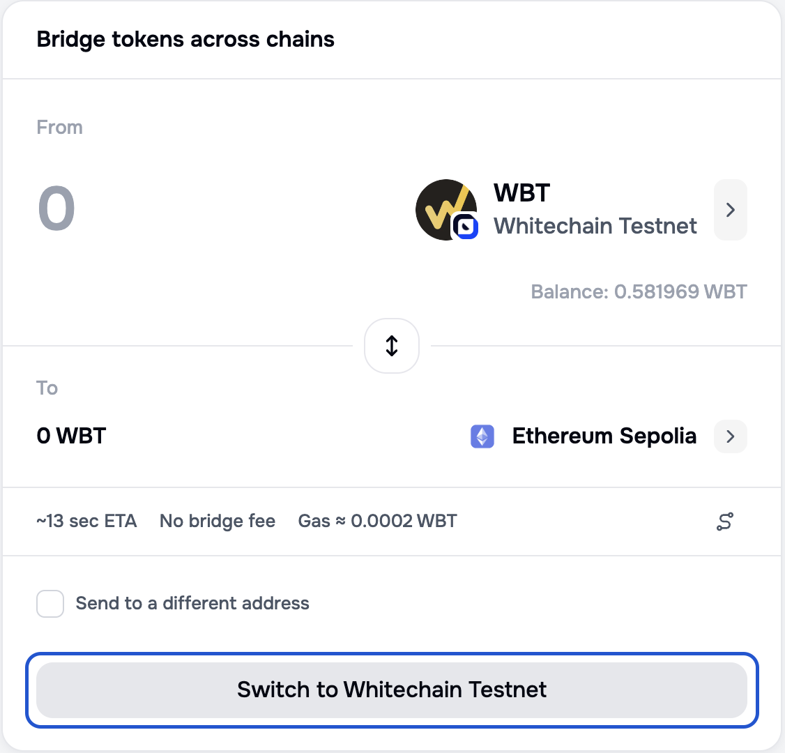 Portal bridge form with a connected wallet on Sepolia, a WBT balance shown under the From field, and the submit button reading Switch to Whitechain Testnet