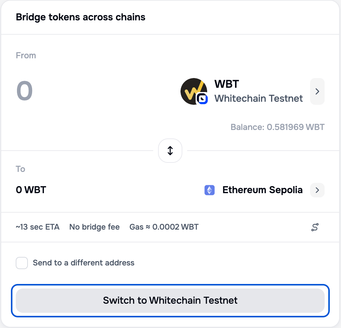 Portal bridge form with a connected wallet on Sepolia, a WBT balance shown under the From field, and the submit button reading Switch to Whitechain Testnet