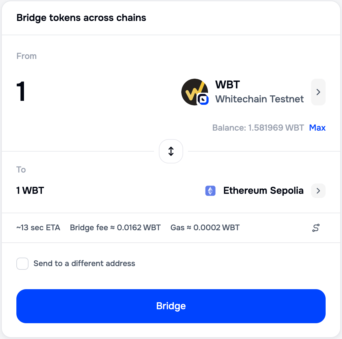 Portal bridge form with 1 WBT entered, the wallet balance and a Max action under the From field, and an estimate line showing the ETA, a bridge fee in WBT, and gas in WBT