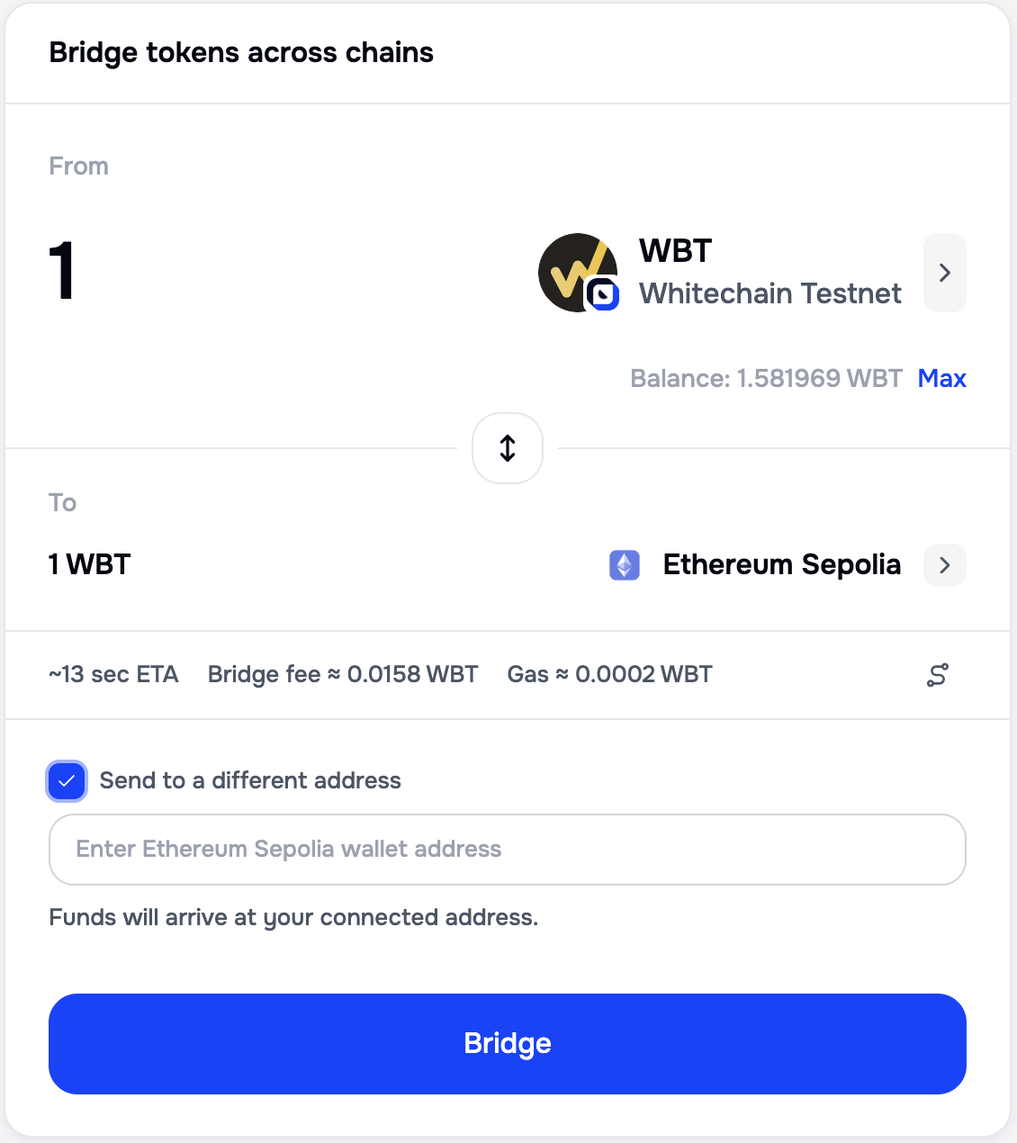 Portal bridge form with the Send to a different address checkbox selected, an input labelled Enter Ethereum Sepolia wallet address, and a hint reading Funds will arrive at your connected address