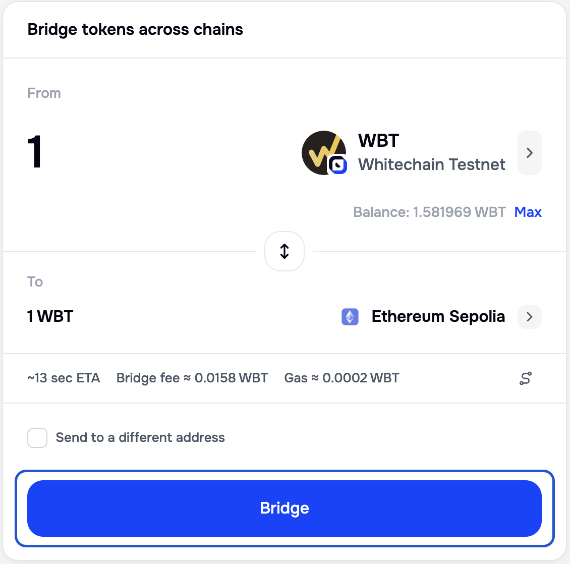 Portal bridge form with the wallet on Whitechain Testnet, 1 WBT entered, and an active Bridge button