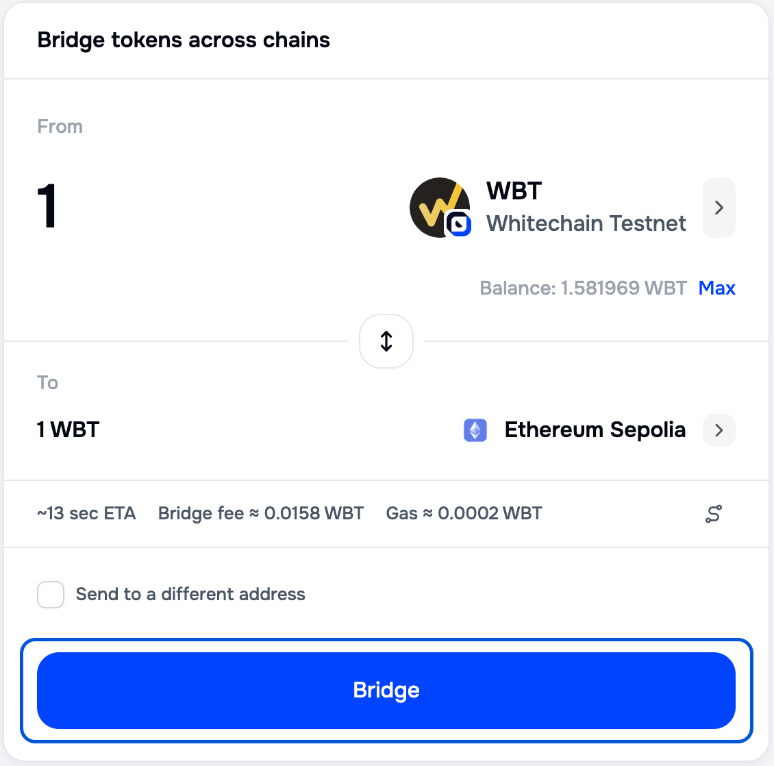 Portal bridge form with the wallet on Whitechain Testnet, 1 WBT entered, and an active Bridge button