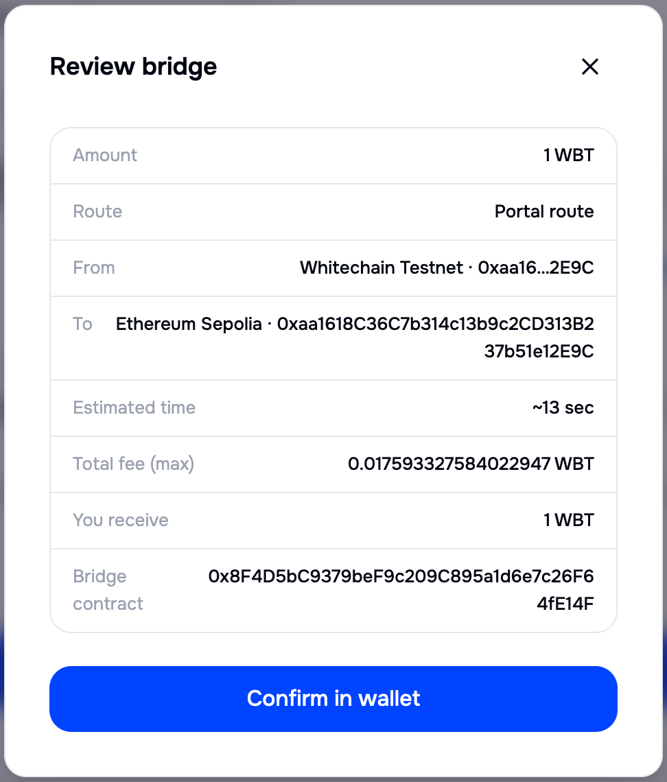 Review bridge dialog listing amount, route, source network and address, destination network and full recipient address, estimated time, total maximum fee, the amount received, and the bridge contract address, above a Confirm in wallet button