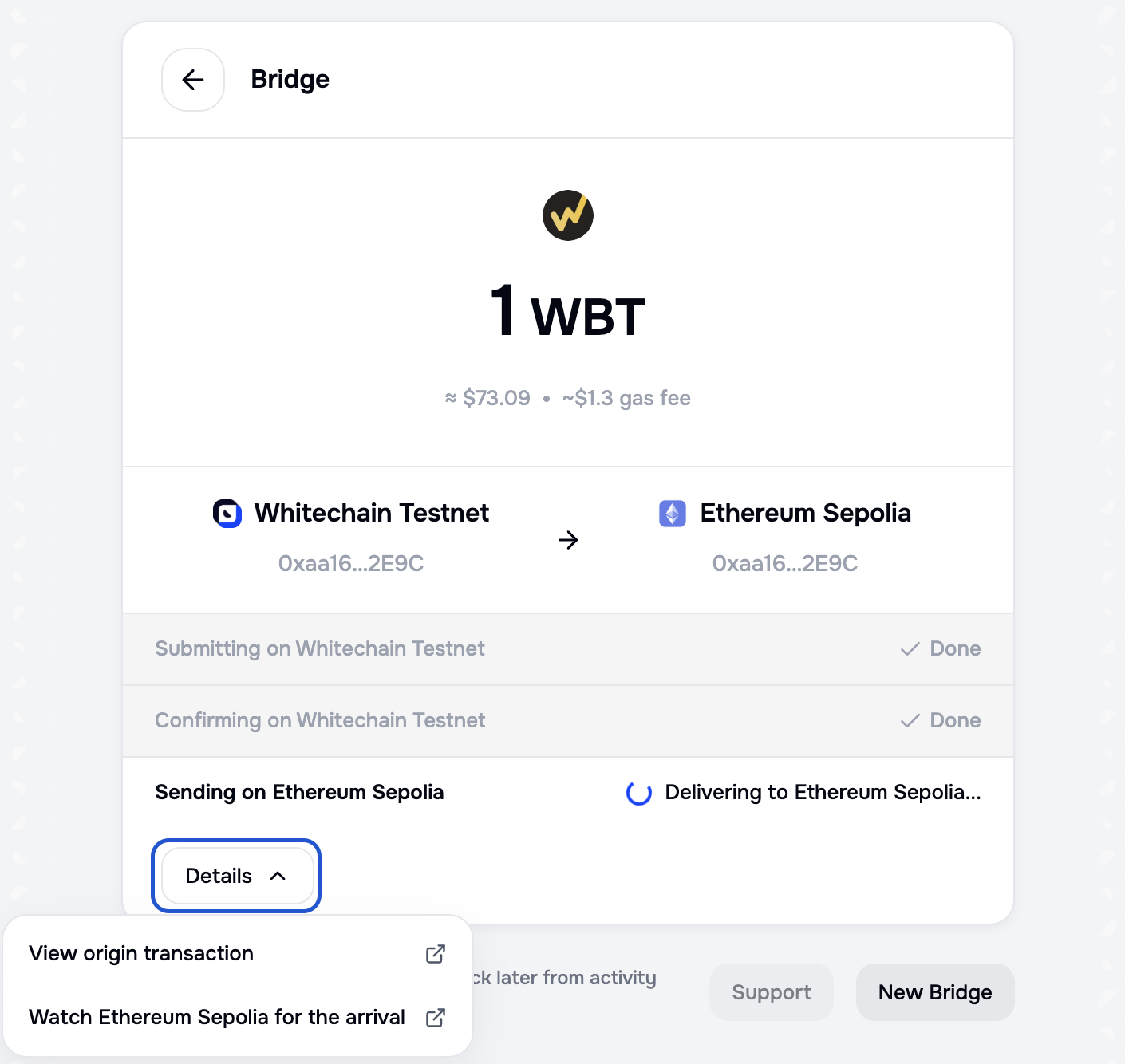 Portal transfer tracker with Submitting and Confirming marked Done, Delivering to Ethereum Sepolia in progress, and an open Details menu offering View origin transaction and Watch Ethereum Sepolia for the arrival