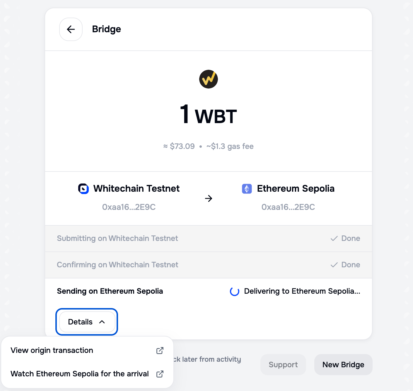 Portal transfer tracker with Submitting and Confirming marked Done, Delivering to Ethereum Sepolia in progress, and an open Details menu offering View origin transaction and Watch Ethereum Sepolia for the arrival