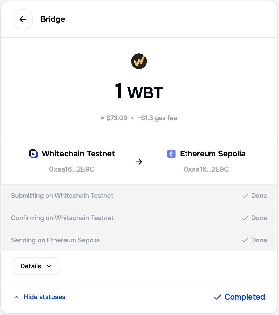 Portal transfer screen with Submitting on Whitechain Testnet, Confirming on Whitechain Testnet, and Sending on Ethereum Sepolia all marked Done, and the transfer marked Completed