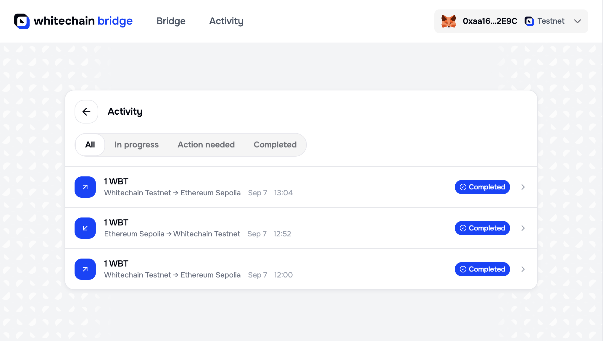 Portal Activity screen with filters for All, In progress, Action needed, and Completed, above three rows of 1 WBT transfers marked Completed, two from Whitechain Testnet to Ethereum Sepolia and one from Ethereum Sepolia to Whitechain Testnet