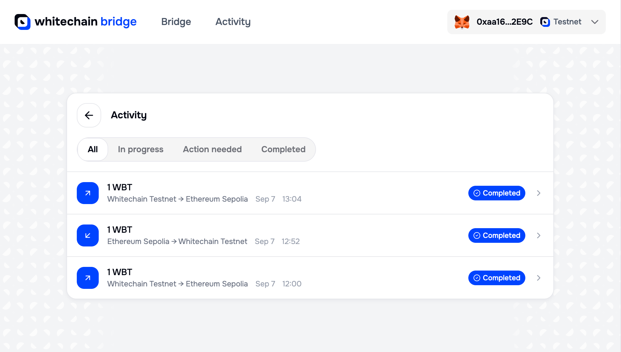 Portal Activity screen with filters for All, In progress, Action needed, and Completed, above three rows of 1 WBT transfers marked Completed, two from Whitechain Testnet to Ethereum Sepolia and one from Ethereum Sepolia to Whitechain Testnet