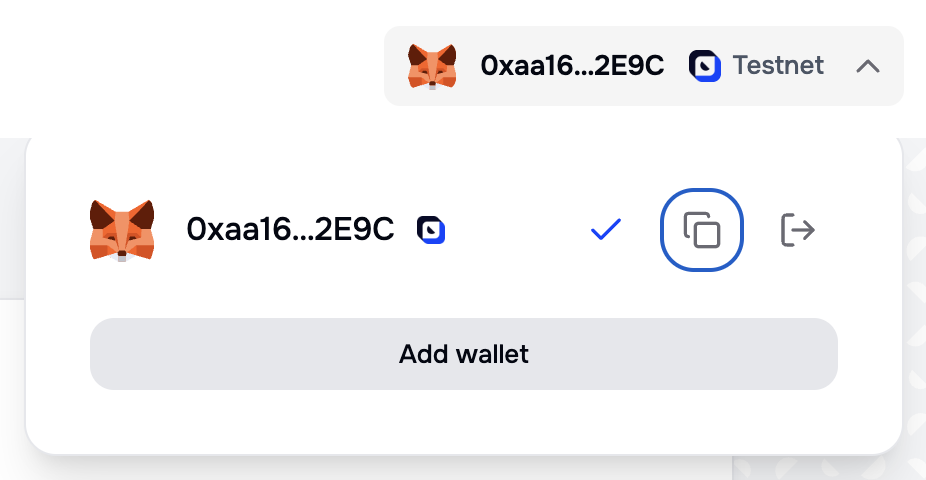 Portal wallet manager popover showing one connected wallet with a copy action and a disconnect action, above an Add wallet button