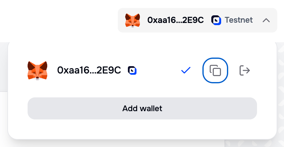 Portal wallet manager popover showing one connected wallet with a copy action and a disconnect action, above an Add wallet button