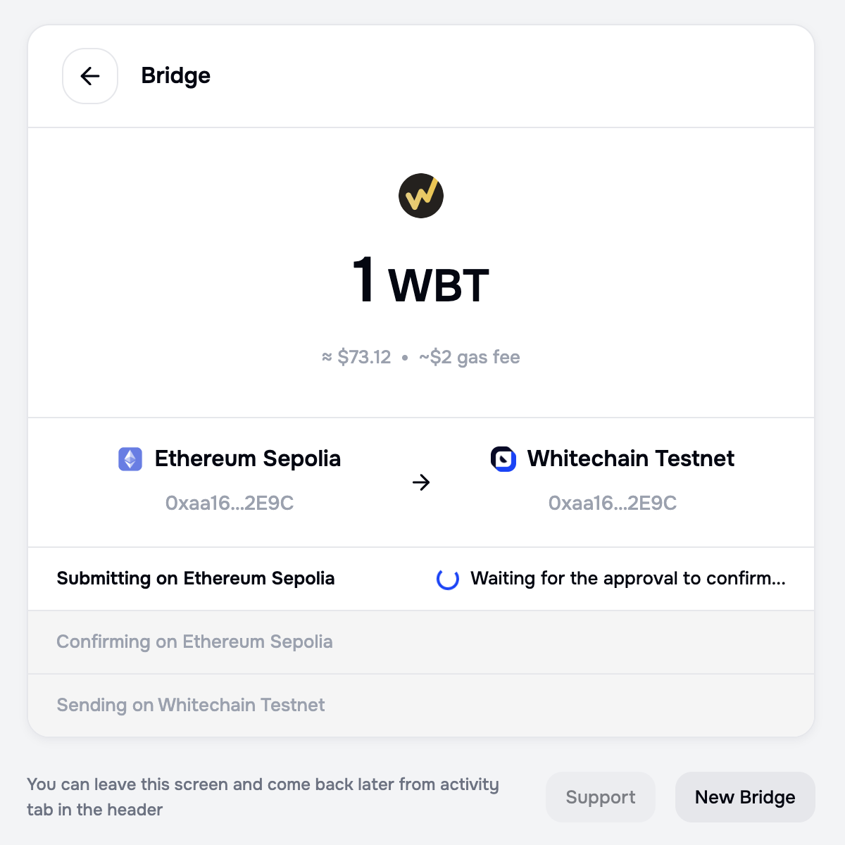 Portal transfer tracker for 1 WBT from Ethereum Sepolia to Whitechain Testnet, showing Submitting on Ethereum Sepolia with the status Waiting for the approval to confirm