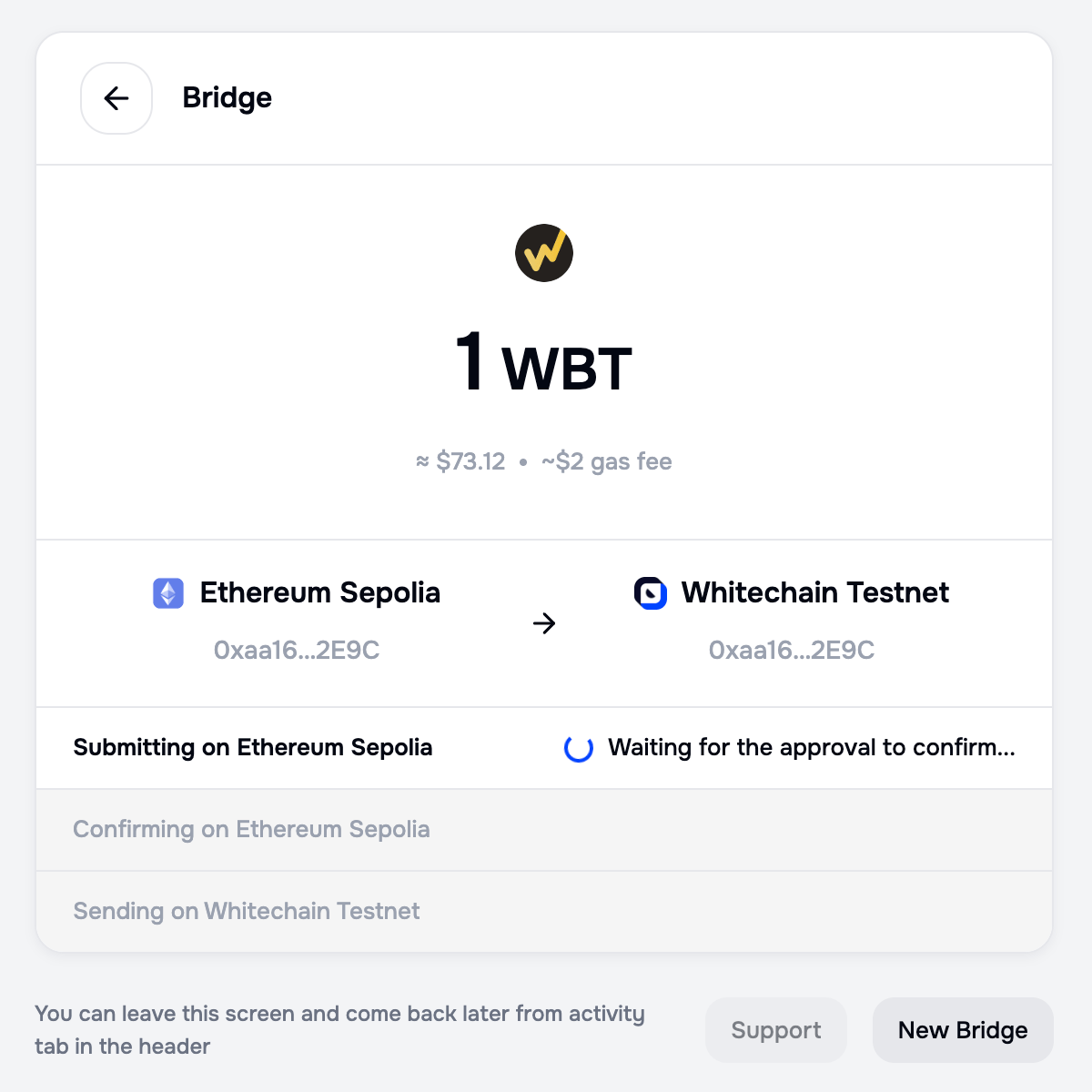 Portal transfer tracker for 1 WBT from Ethereum Sepolia to Whitechain Testnet, showing Submitting on Ethereum Sepolia with the status Waiting for the approval to confirm