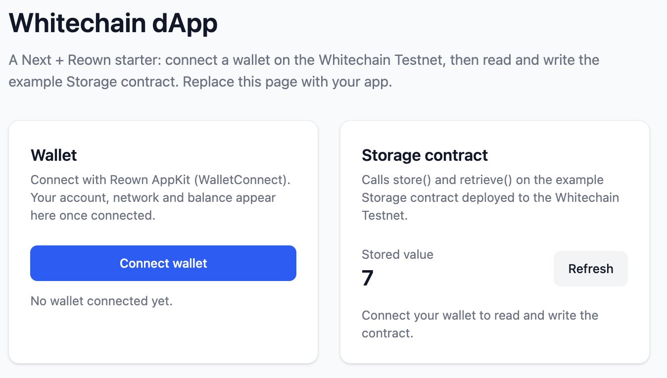 Whitechain Next dapp with a wallet card and a Storage contract card