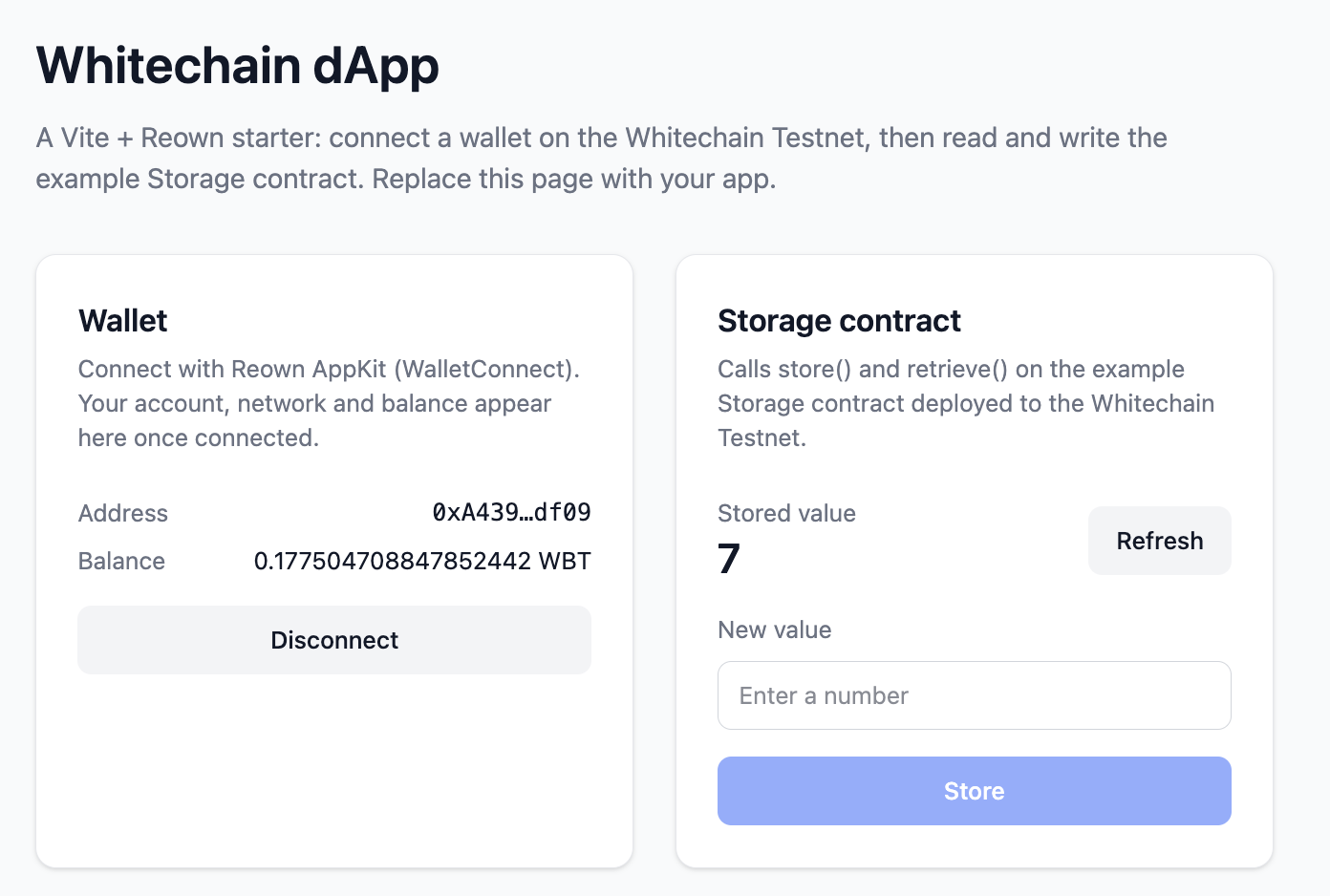 Whitechain Vite dapp with a wallet card and a Storage contract card