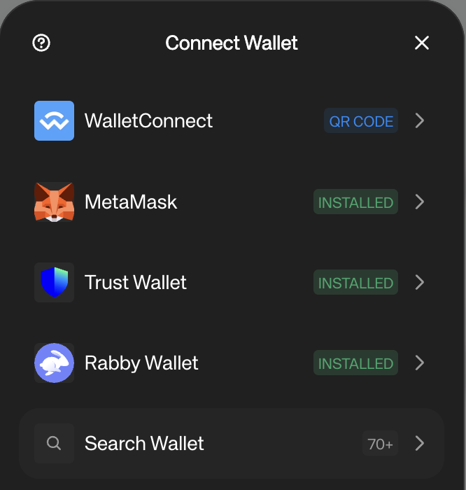 Reown AppKit connect wallet modal listing WalletConnect, MetaMask, Trust Wallet, and Rabby Wallet