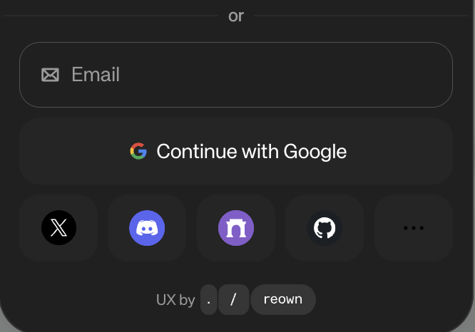 Reown AppKit sign-in options with email, Google, X, Discord, and GitHub