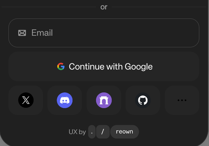 Reown AppKit sign-in options with email, Google, X, Discord, and GitHub