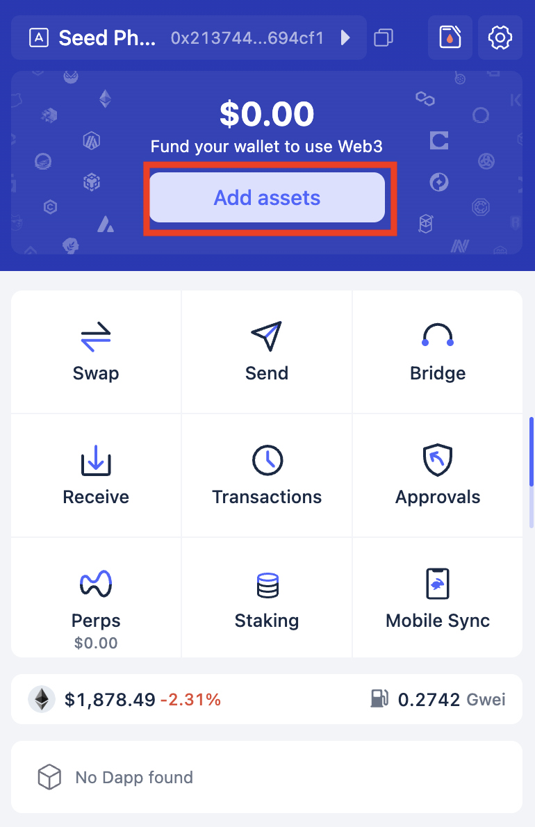Rabby wallet home screen with Add assets highlighted