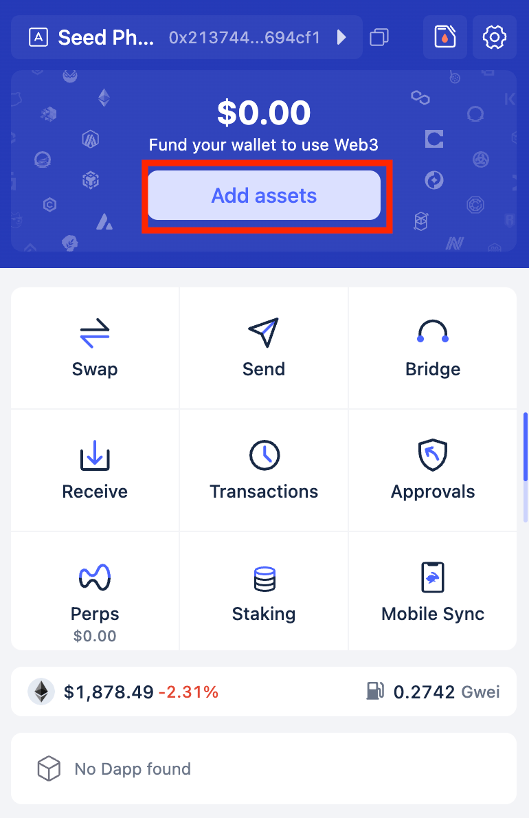 Rabby wallet home screen with Add assets highlighted