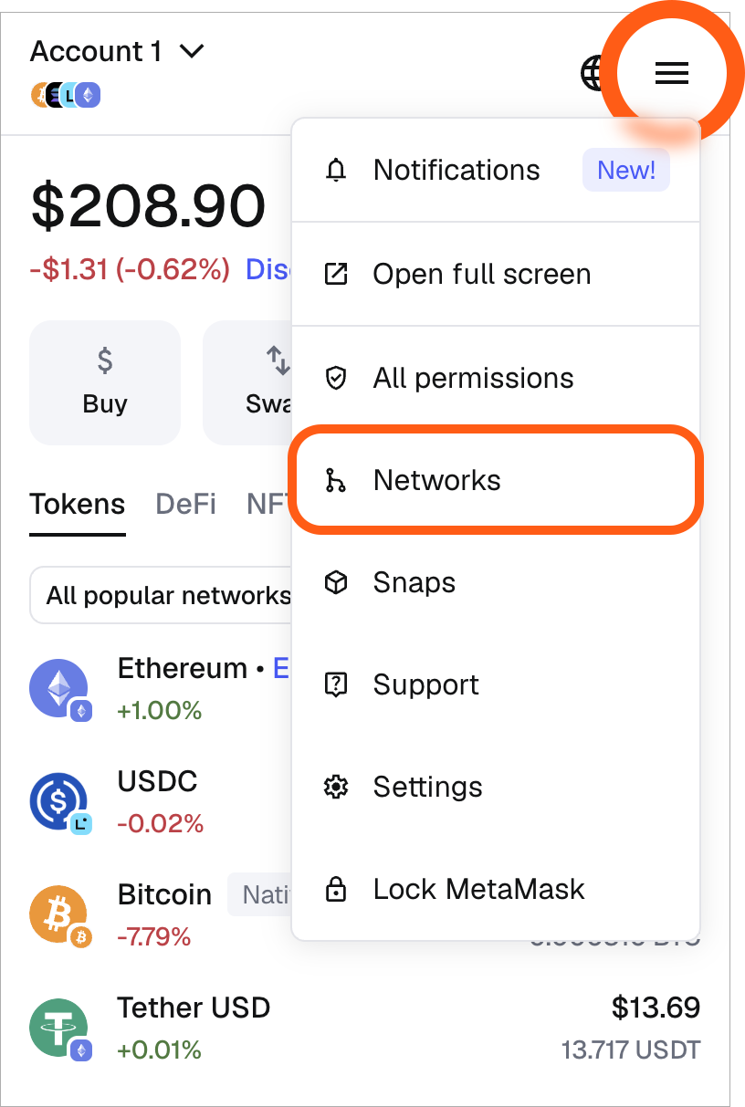 MetaMask account menu with Networks highlighted