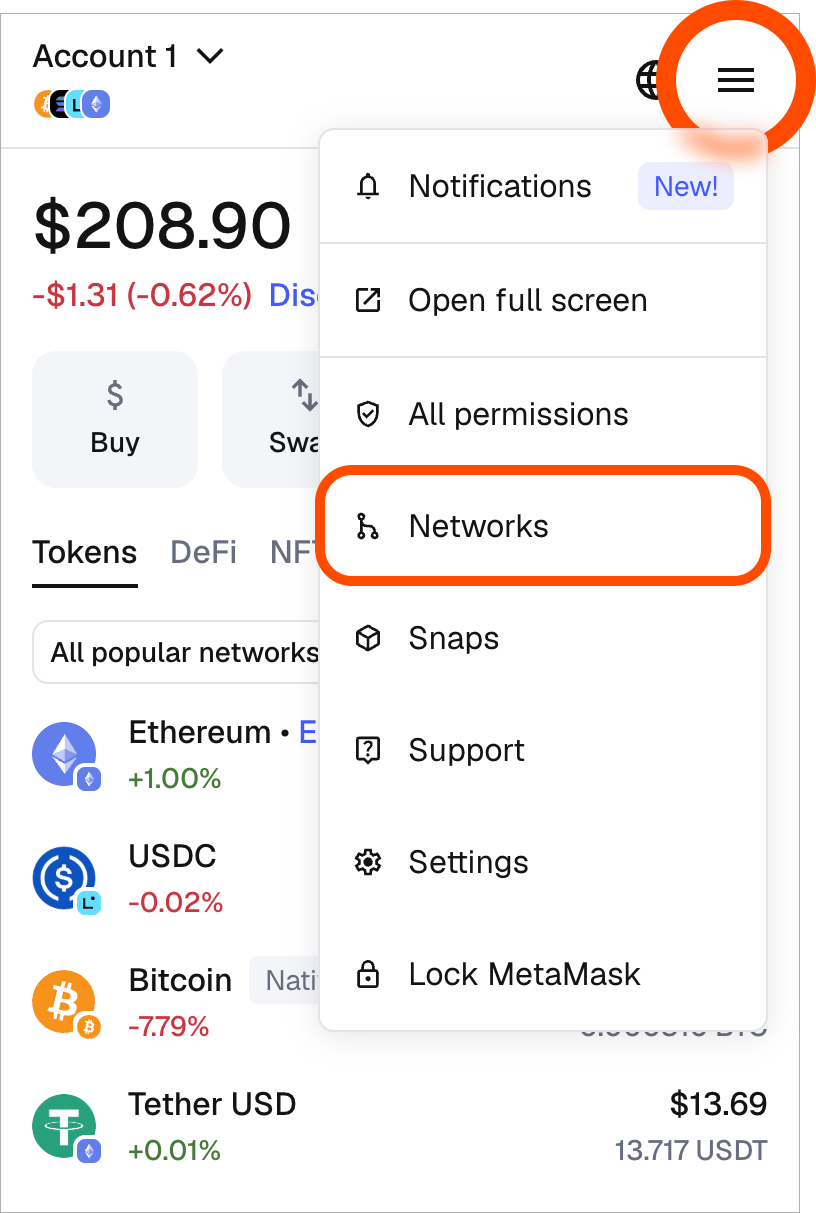MetaMask account menu with Networks highlighted