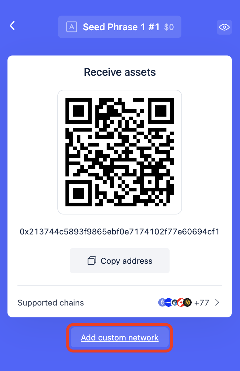 Rabby Receive assets screen with Add custom network highlighted