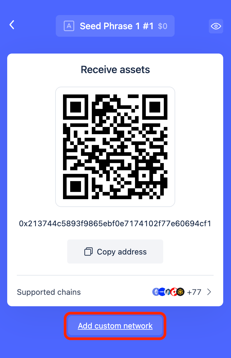 Rabby Receive assets screen with Add custom network highlighted