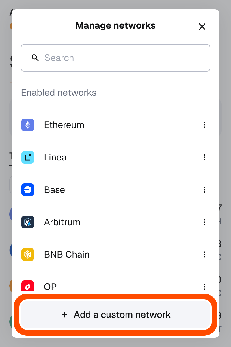MetaMask Manage networks modal with Add a custom network highlighted