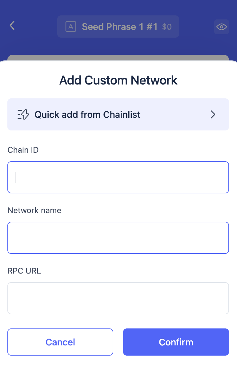 Rabby Add Custom Network form