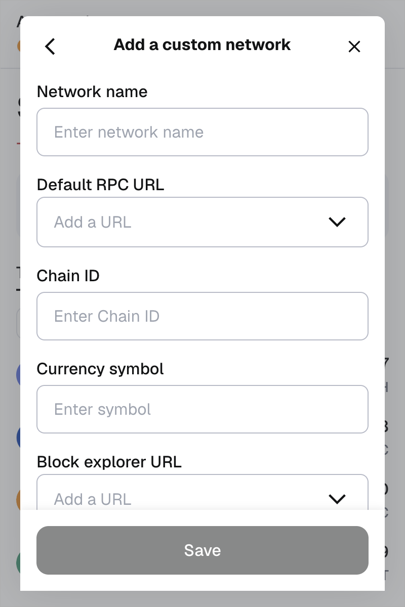 MetaMask Add a custom network form