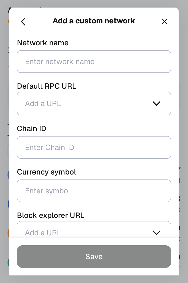 MetaMask Add a custom network form